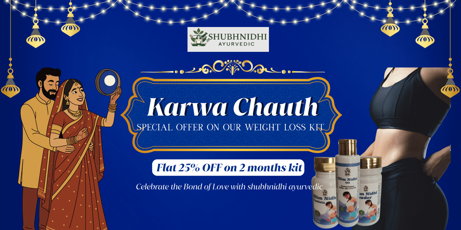 Blue and Gold Traditional Karwa Chauth Mehandi Offer Medium Banner (US) (Landscape)