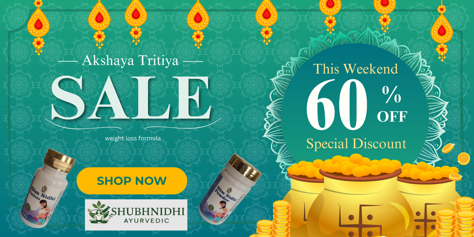 Teal and Yellow Illustrated Akshaya Tritiya Sale and Discount Banner